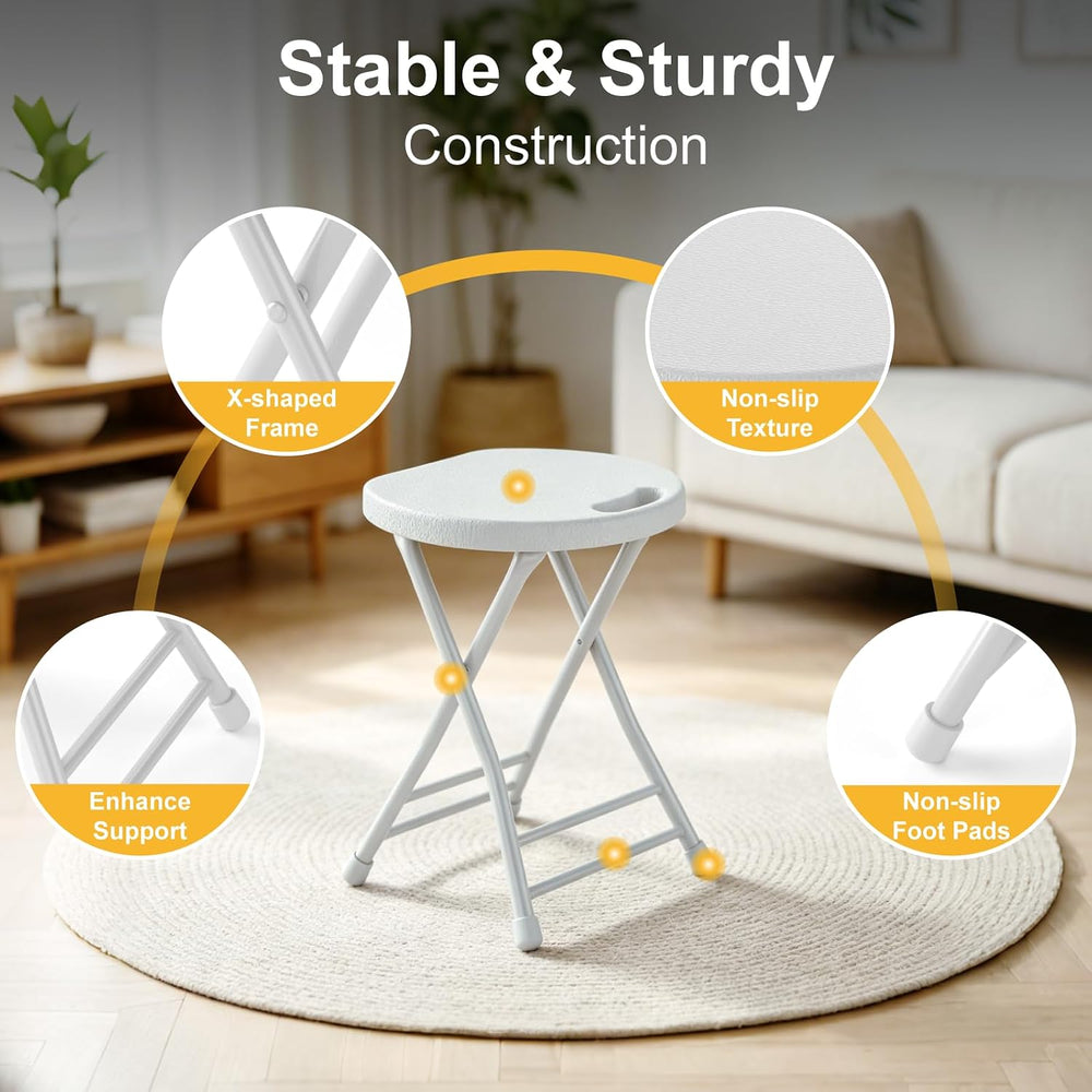 Folding Stool, 18 Inch Foldable Stool with Handle & Steel Frame White
