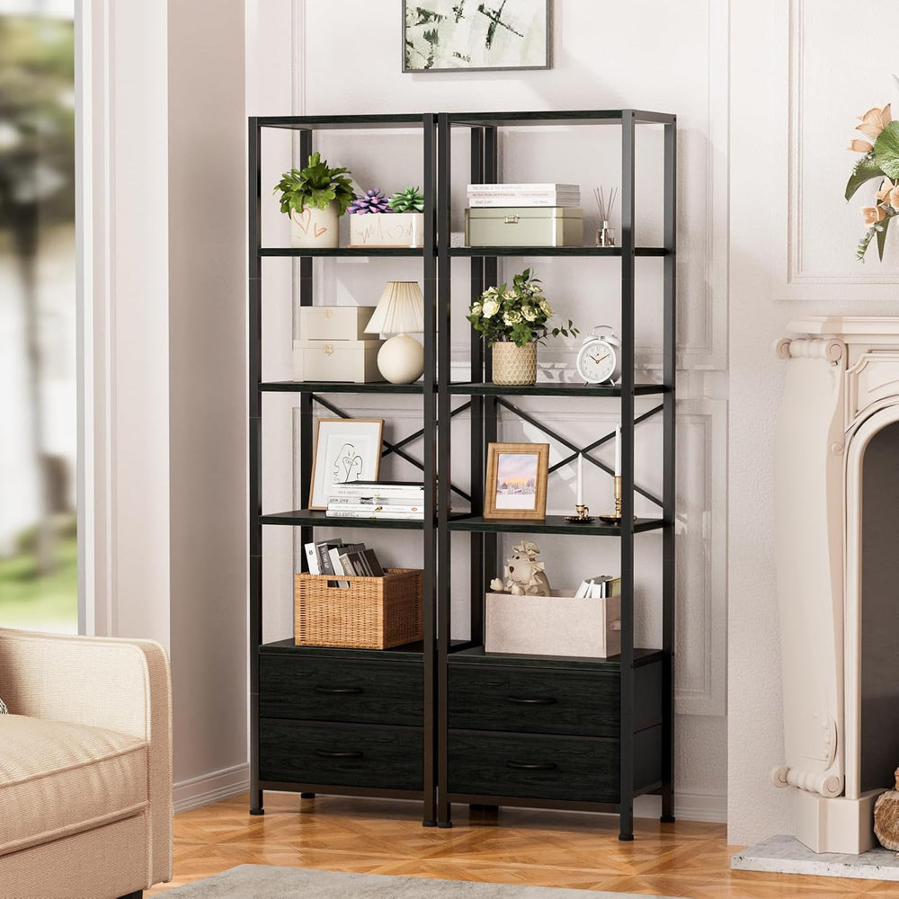 Furnulem 5-Tier Tall Corner Shelf, Narrow Bookshelf with Drawers