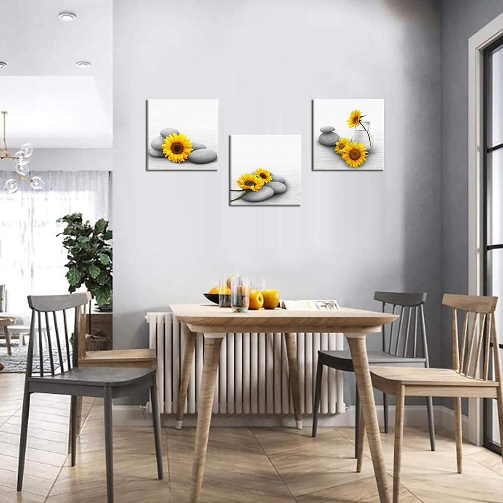 Biuteawal Sunflower Canvas Wall Art 3 Pieces Yellow and Grey Painting Relaxin...