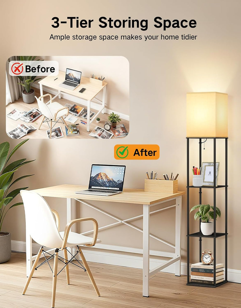 OUTON Floor Lamp with Shelves, Modern Square Standing Shelf Lamp, Black