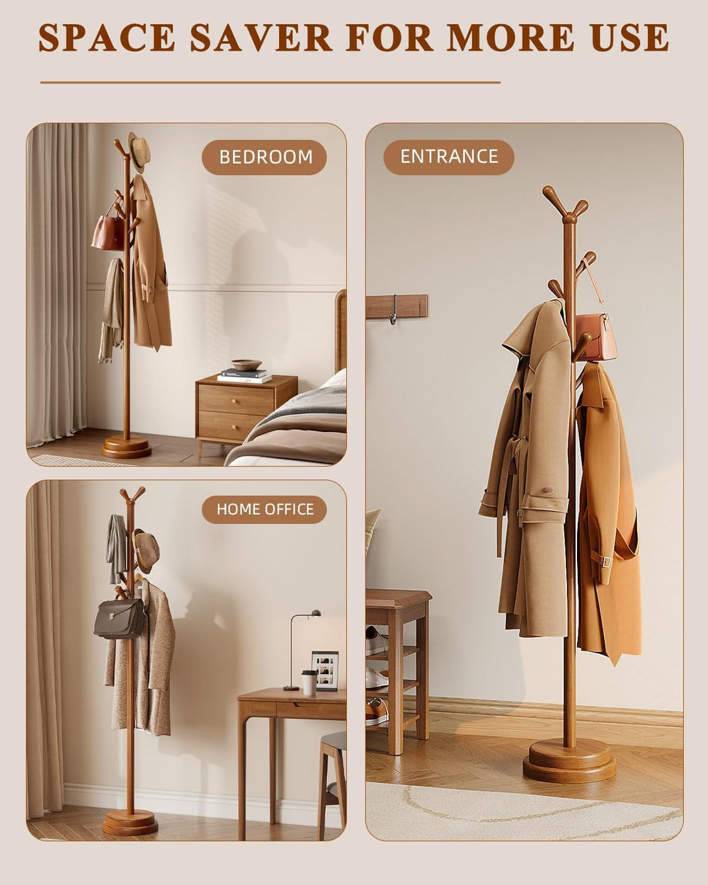 STARSAGA Solid Wood Coat Rack Freestanding Coat Tree with 8 Hooks