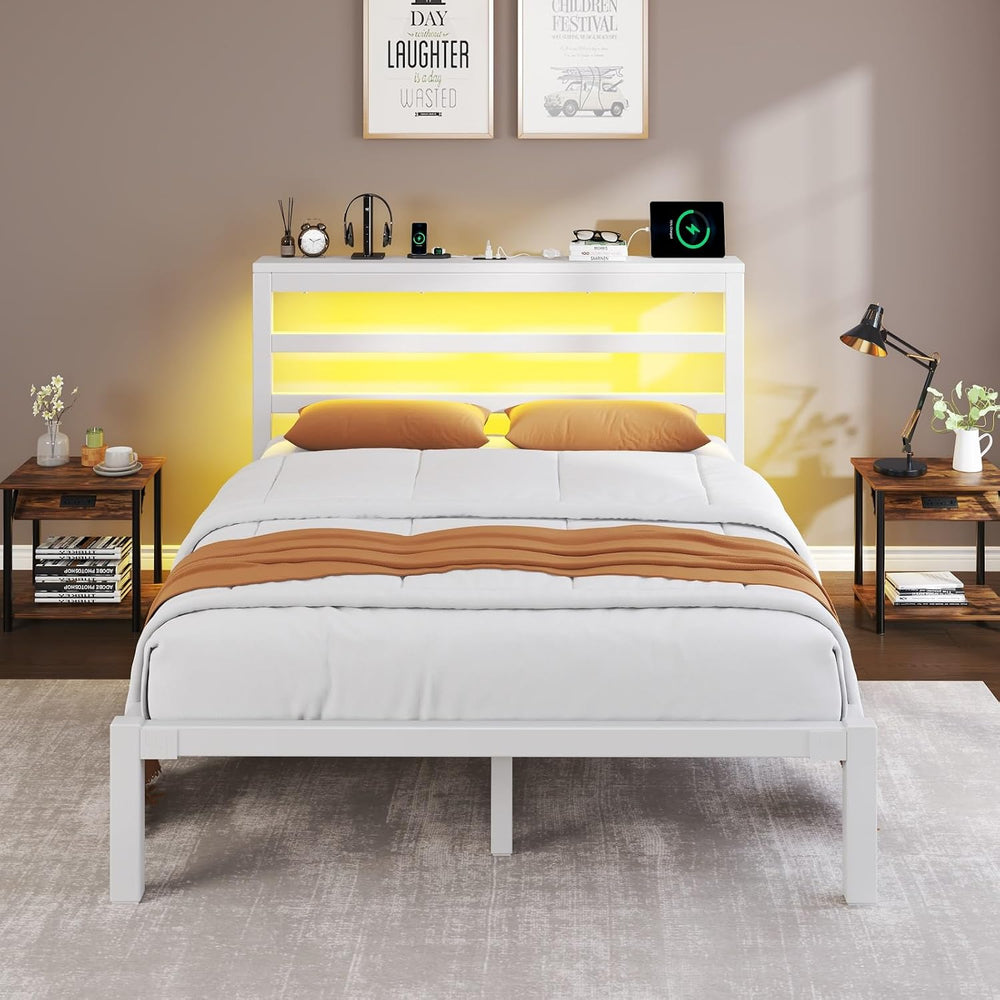 E-Motie Full Bed Frame, Storage Shelf and LED Lights Headboard, White
