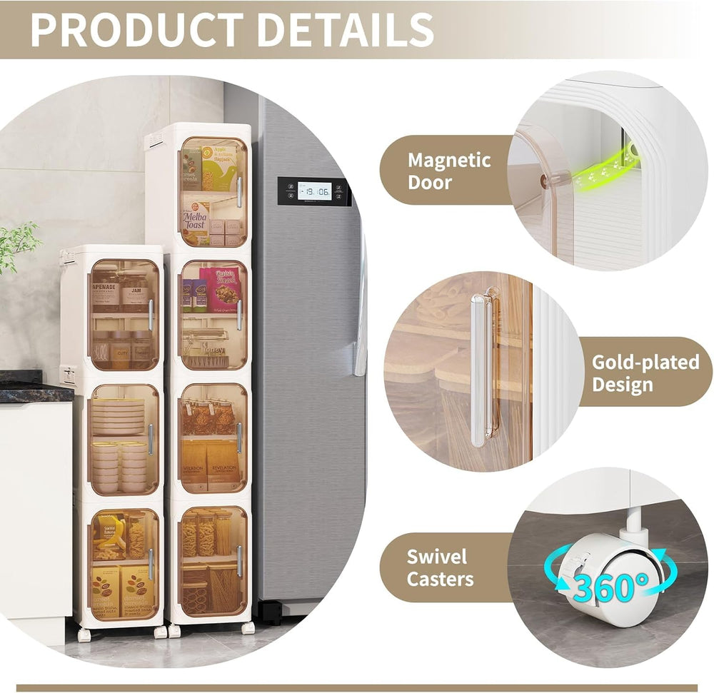 5 Tier Slim Bathroom Storage Cabinet, Foldable and Movable, Beige