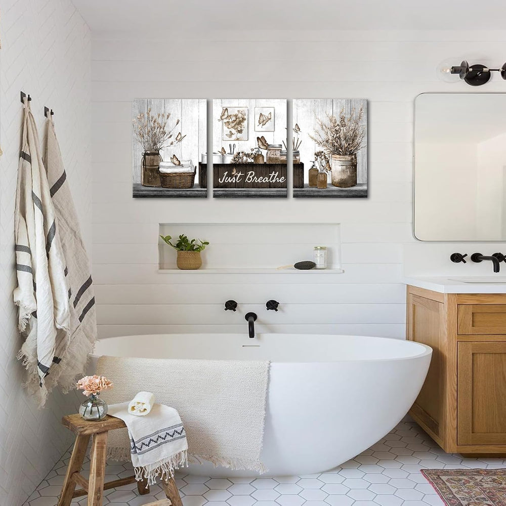 RnnJoile Brown Bathroom Decor Botanical Pictures Wall Art Just Breathe Sign C...