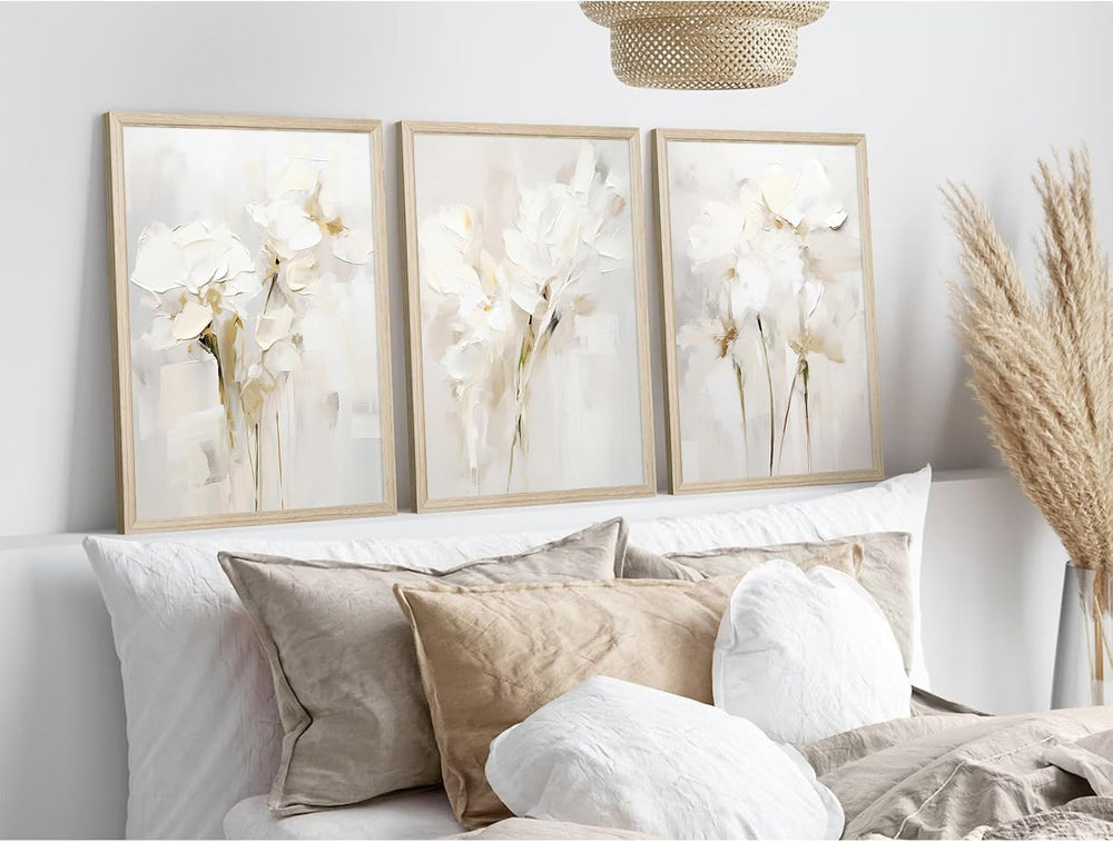 Neutral Wall Art Abstract Floral Canvas Pictures Beige Flower Wall Decor Mode...