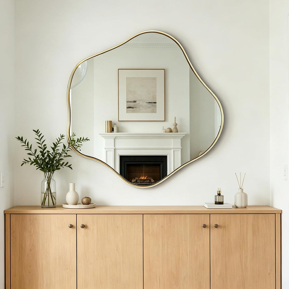 35" Scalloped Irregular Wall Mirror with Gold Metal Frame