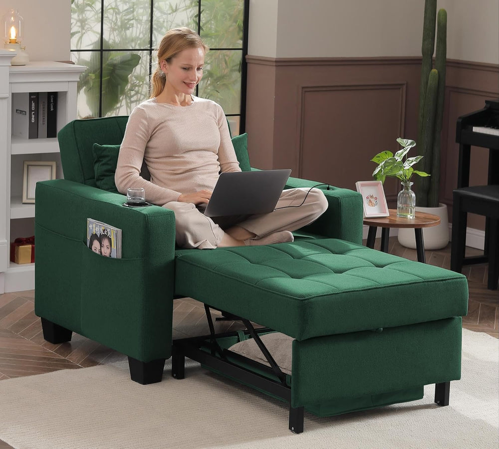36" 3-in-1 Sleeper Chair, Convertible Pull Out Sofa Bed, Green Linen