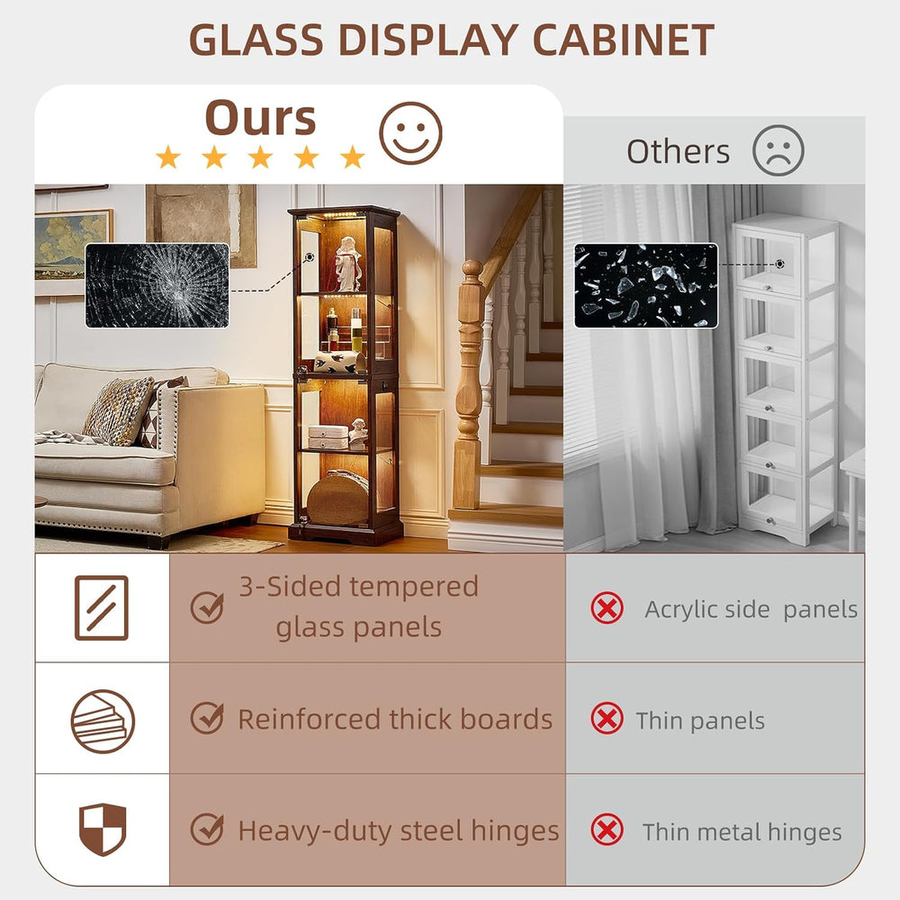 LELELINKY Farmhouse Narrow Glass Display Cabinet with Doors & Lock, Walnut
