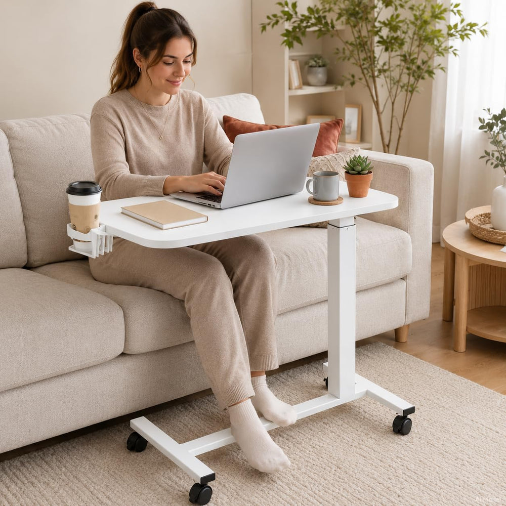 GTPLAYER Mobile Rolling Desk, Adjustable Height Laptop Table, 28 Inch White