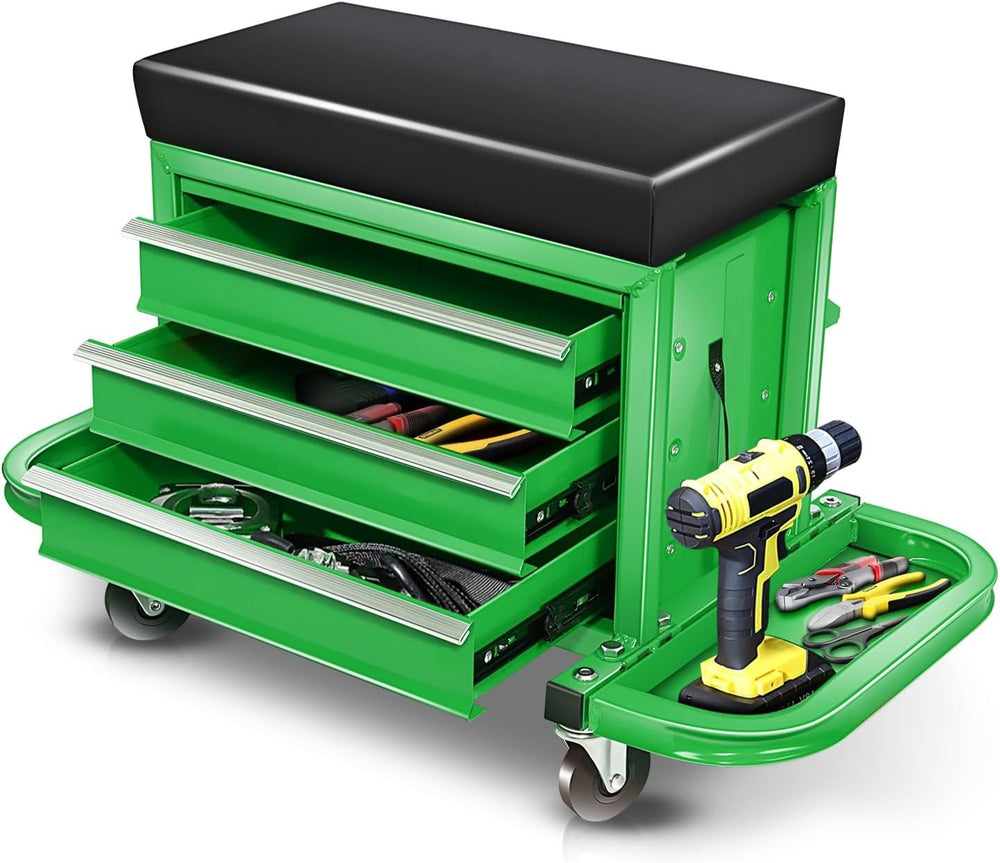 Auto Dynasty Mechanic Rolling Seat, 3-Drawer w/Tool Tray, 350LBS, Green
