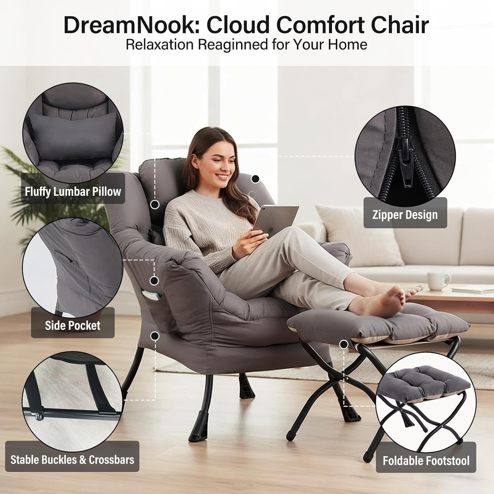 Lazy Chair with Ottoman, Comfy Chair with Pillow,Dark Grey