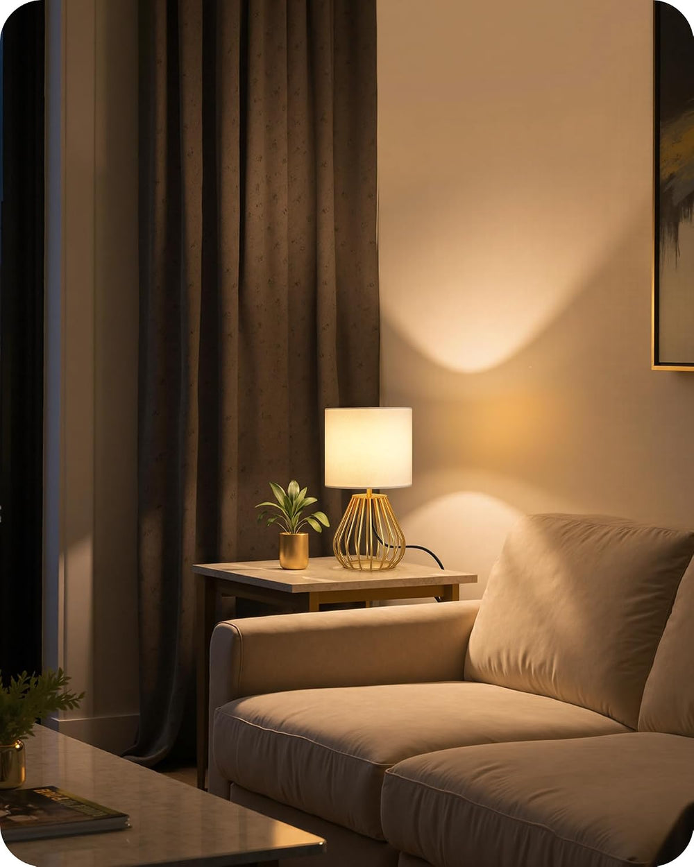 Gold Table Lamp Set of 2, Small Bedside Lamps Set of 2, 2700K LED Bulb Includ...