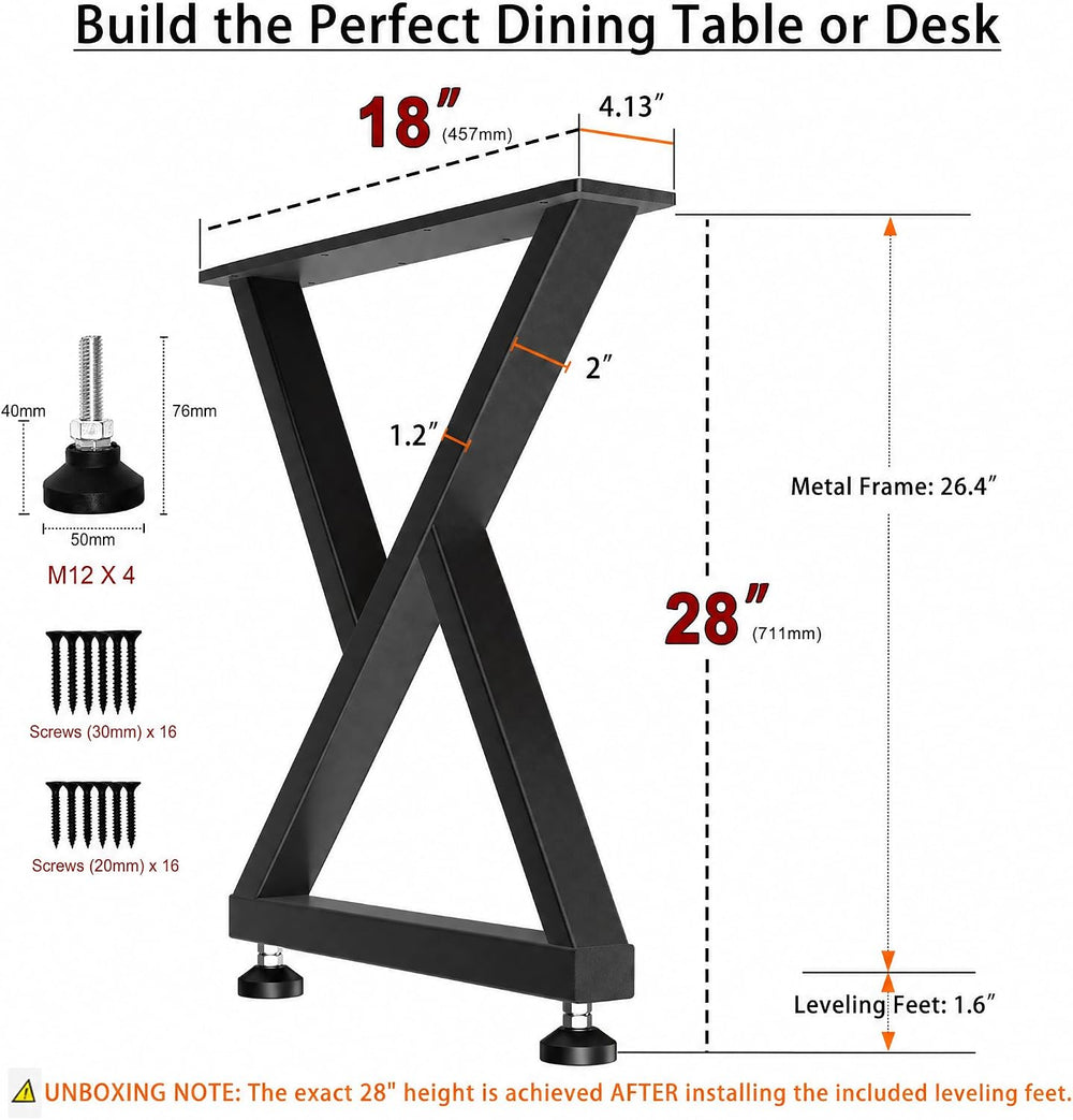 28" Heavy Duty X-Frame Metal Desk Legs, 28x18 Inch, Set of 2