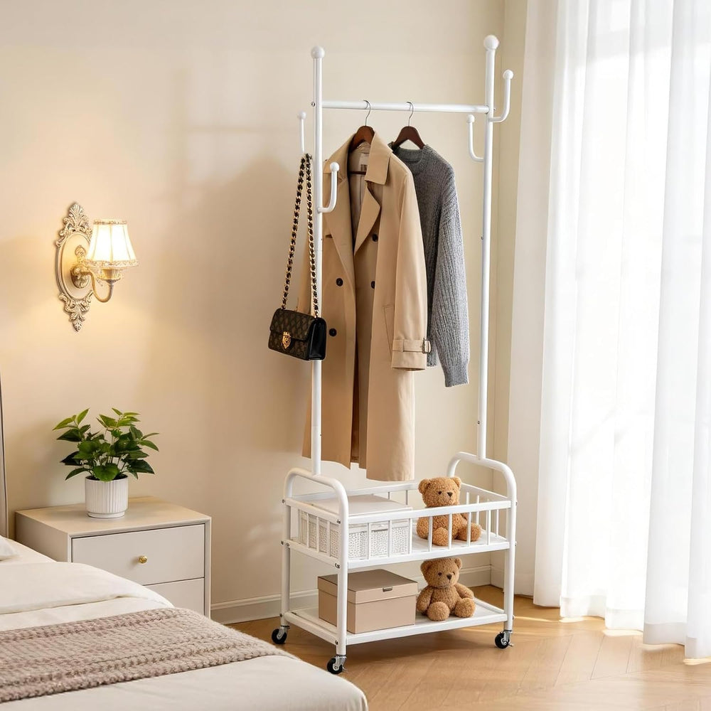 Free Standing Rolling Clothes Rack with Wheels Shoe Storage - White