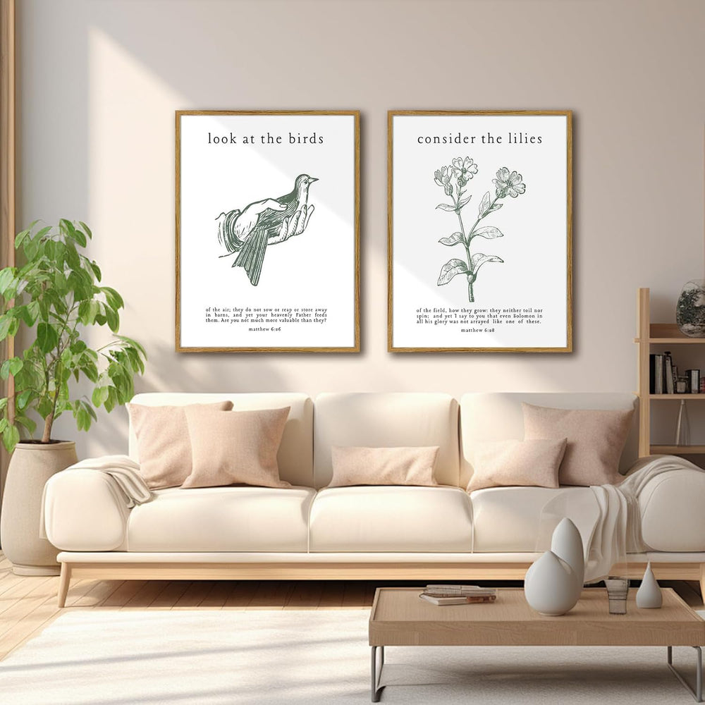 Framed Christian Wall Art Set – Matthew 6:26 “Look at the Birds” & “Consi...