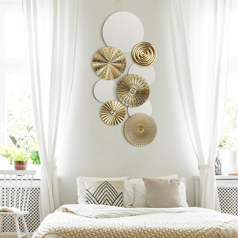 Blulu 9 Pcs Gold Mirror Wall Decor Metal Round