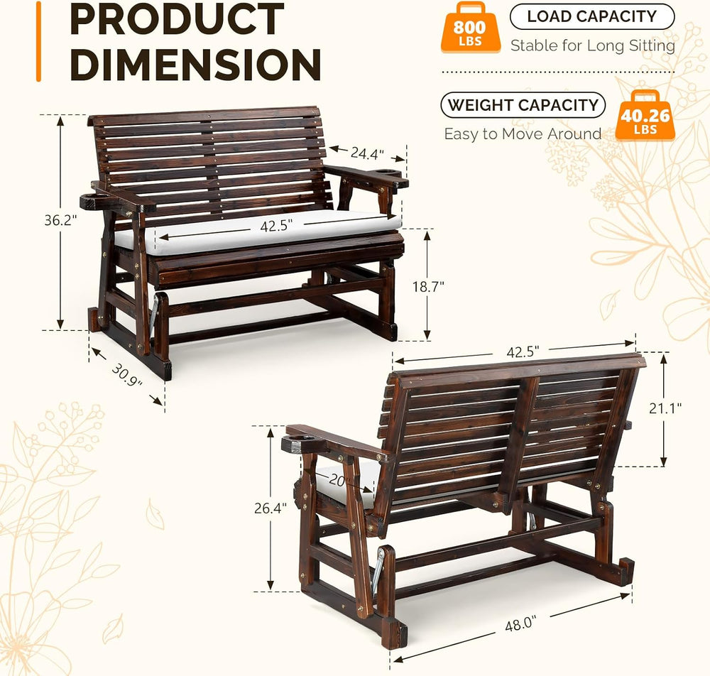 VINGLI Wooden Patio Glider with Cushion, Heavy Duty 800 LBS Outdoor Glider wi...