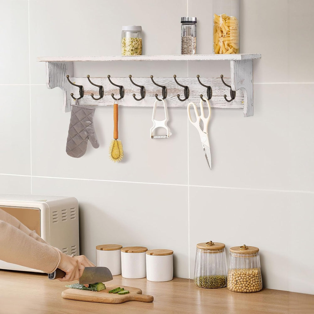 BECHAEO 35.8'' Large Wood Coat Rack Wall Mount with Shelf, White Wall...