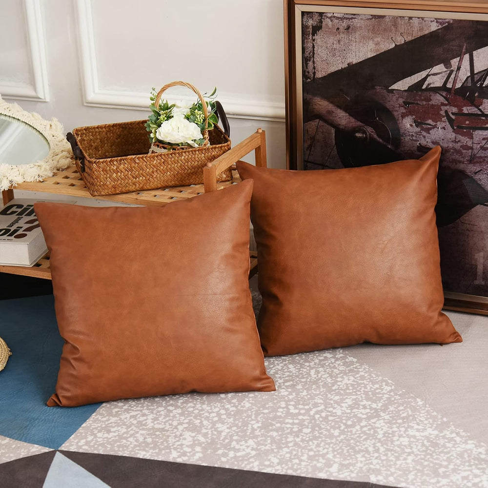 Tosewever Faux Leather Throw Pillow Covers, 20 x 20 inch Set of 2 Luxury Cogn...