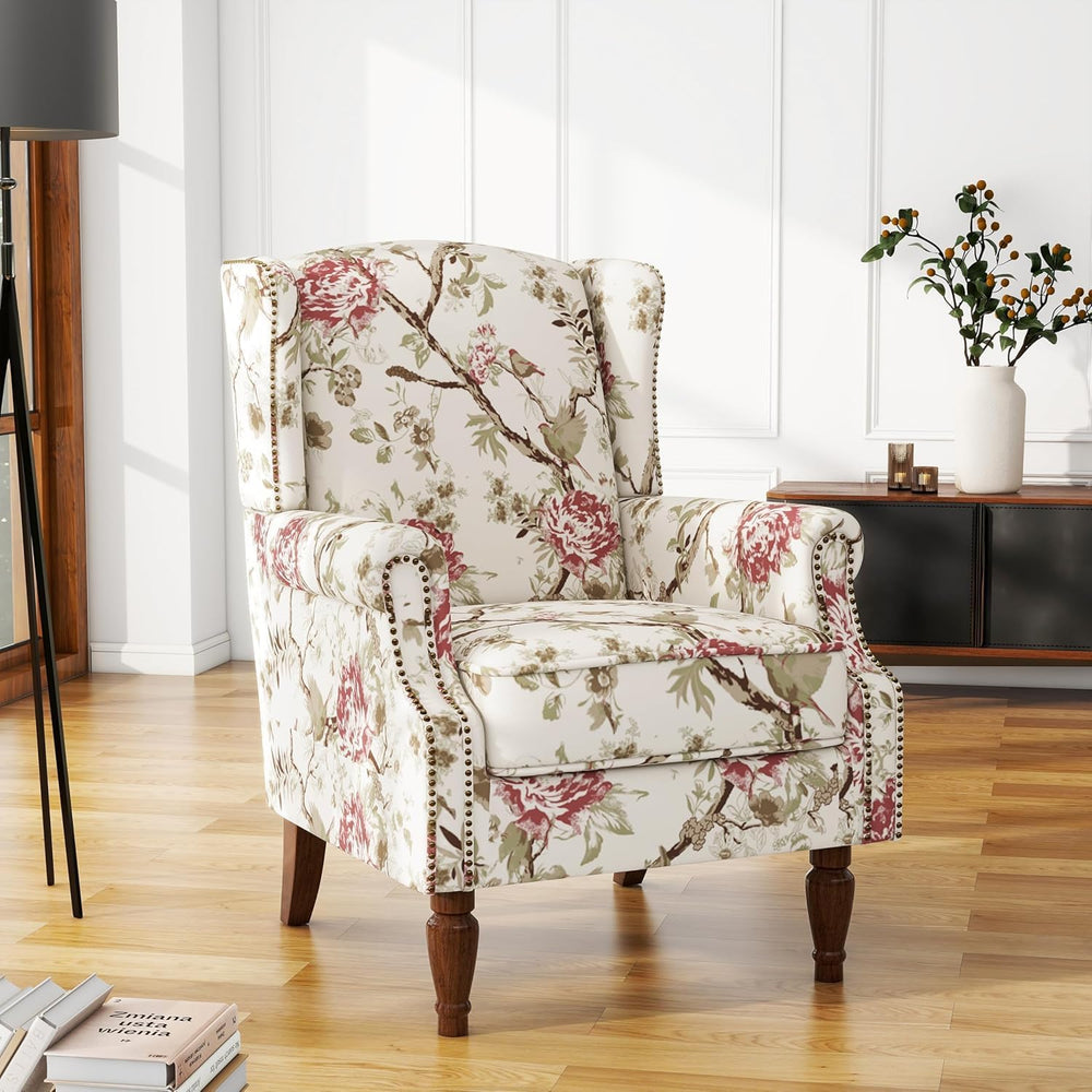 Floral High Back Accent Chairs Set of 2, Wingback Armchair in Fabric