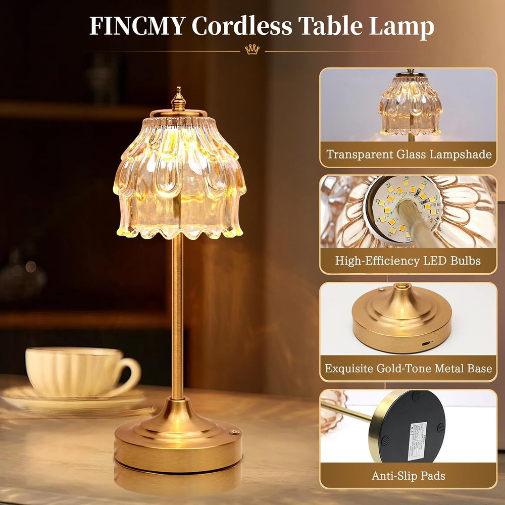 Rechargeable Cordless Table Lamp with Amber Glass, Gold Flower Table Lamp