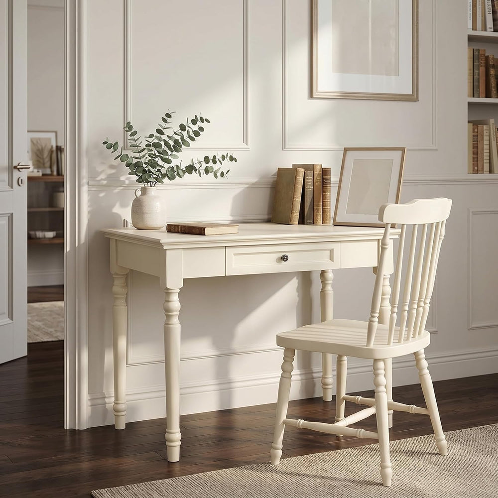 French Country Style Writing Desk with Drawers, White, 35"