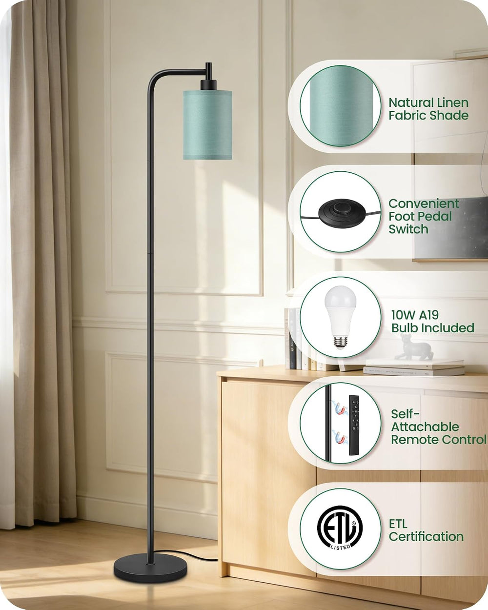Dimmable Floor Lamp for Living Room with Remote & 10W Bulb