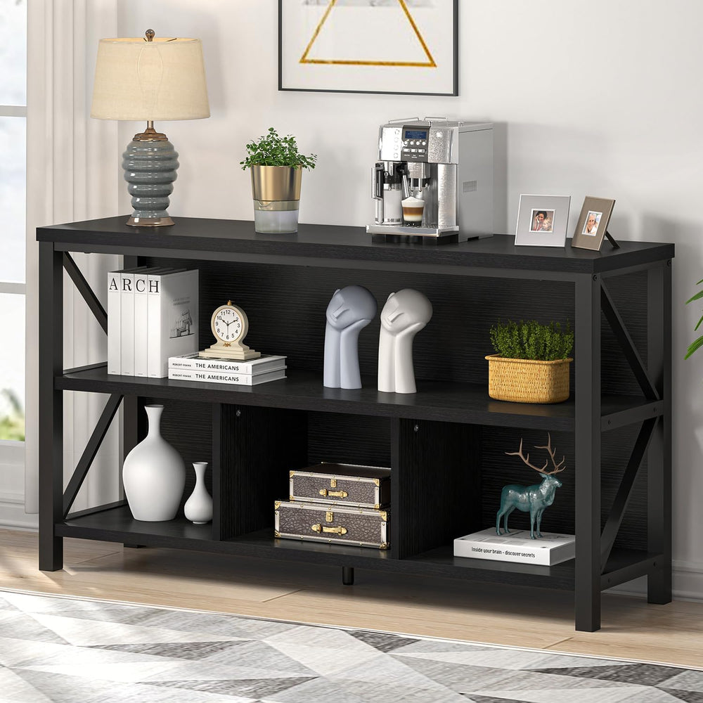 EXCEFUR Modern Black Horizontal Bookshelf, Industrial Wood & Metal Bookca...