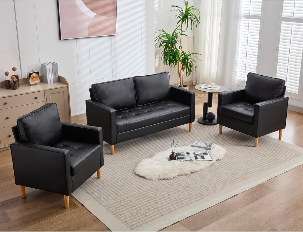 Small Black Faux Leather Sofa Couch, 3 Piece Living Room Set (Black, 3)