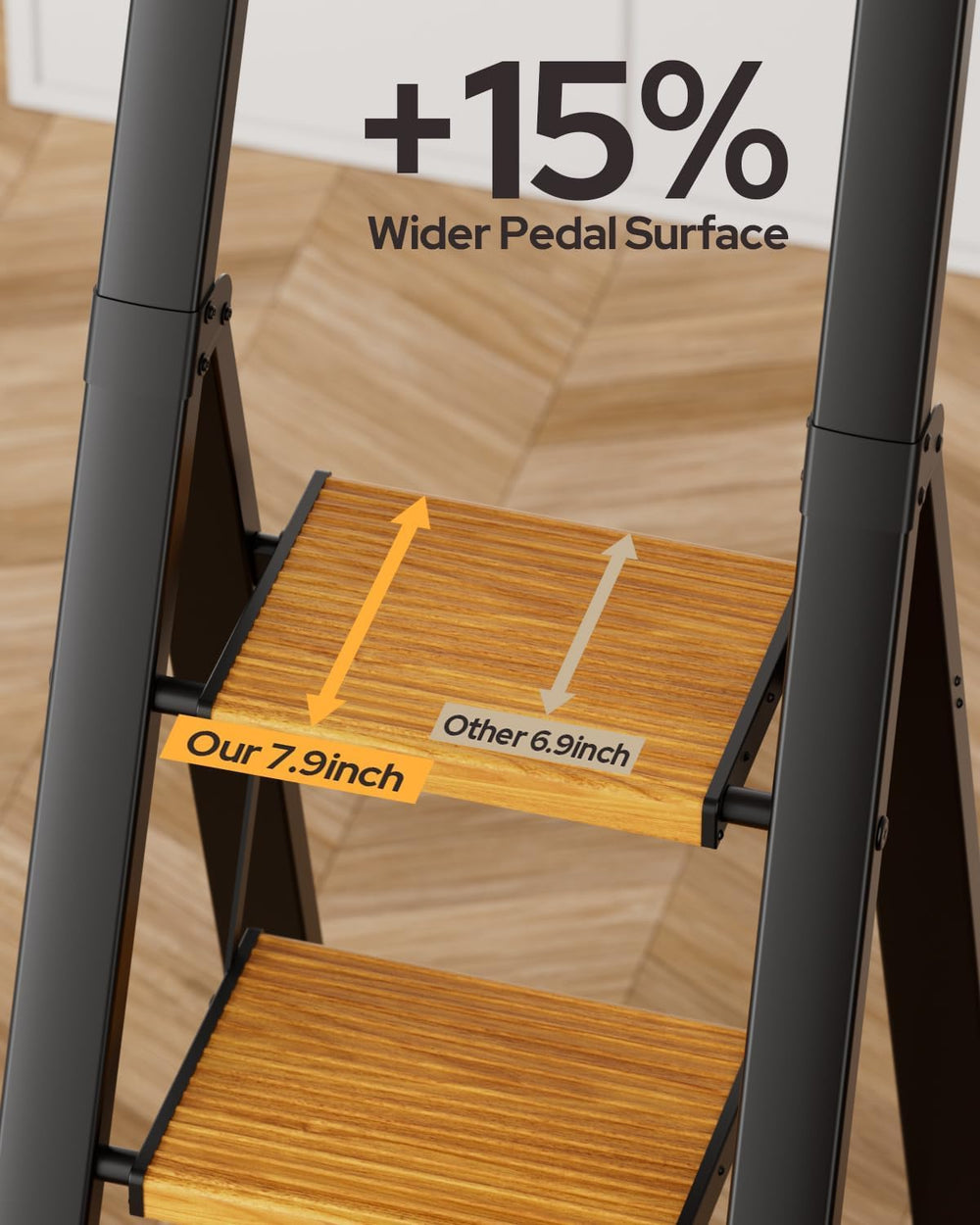 4 Step Ladder, Foldable 4 Step Stool, Black & Woodgrain