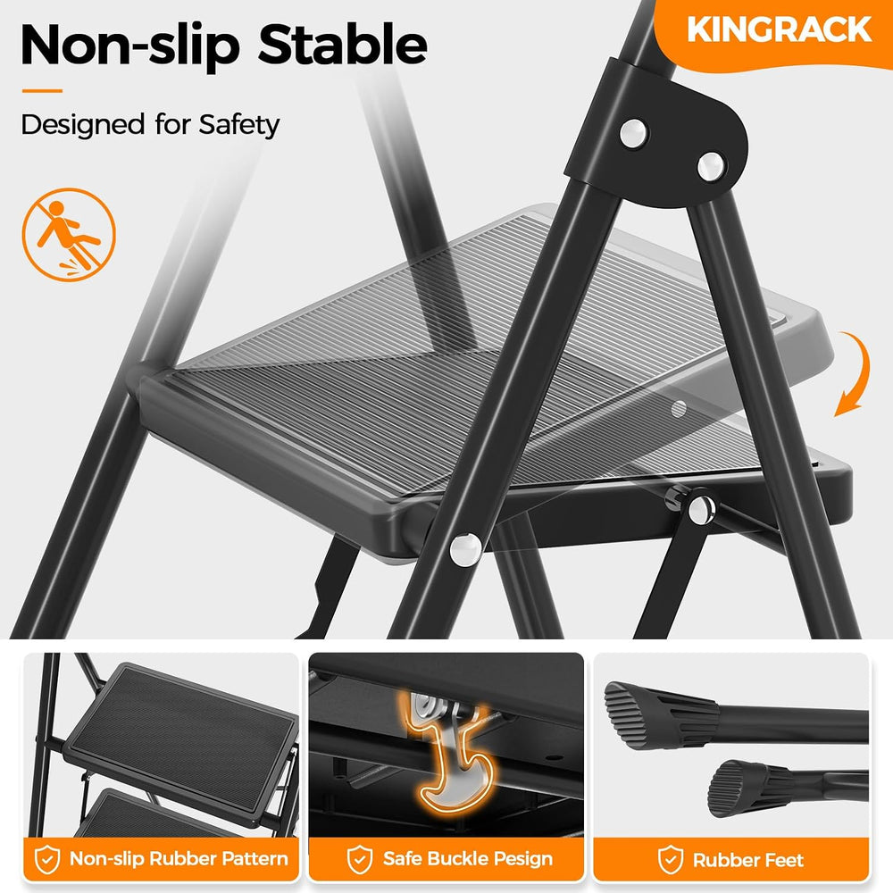 KINGRACK 3 Step Ladder Folding Step Stool with Handrail for Kitchen Black