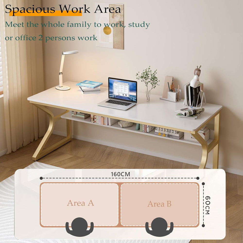 OSCHF 63-Inch Extra Long Desk with Storage Shelf, Gold