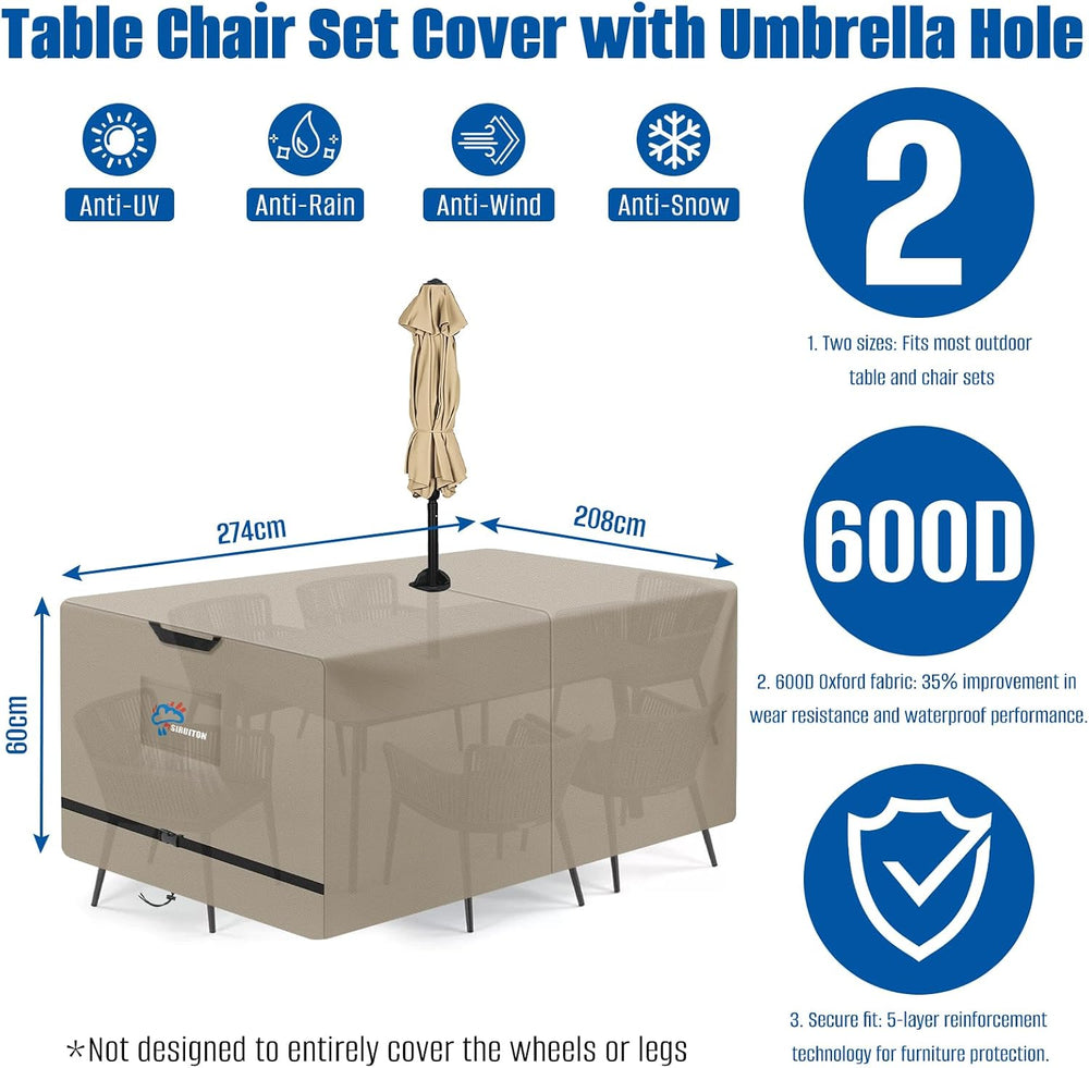 SIRUITON 108" Rectangular Patio Dining Table Cover with Umbrella Hole 600D