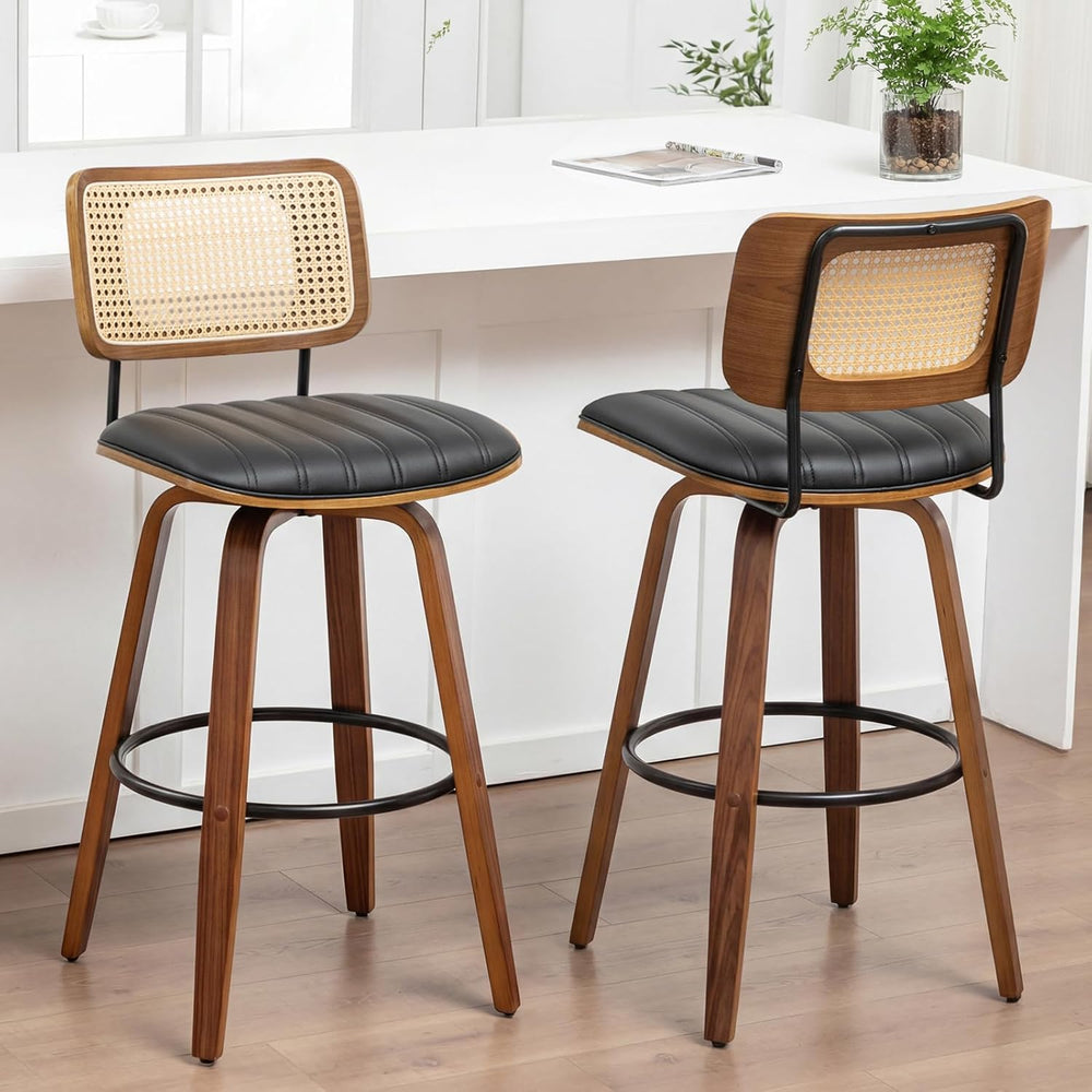 Rattan Swivel Bar Stools, Mid Century Modern Bar Stools with Curved Back