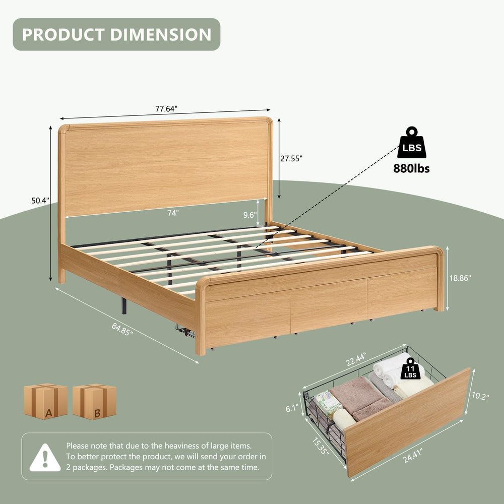 Aitjunz Modern King Size Bed Frame with 50" Tall Headboard, Natural Oak