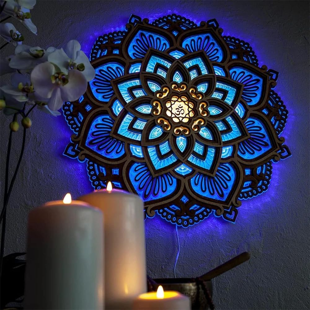 Wooden Mandala Wall Art, Lotus Flower Wall Decor with Led Light