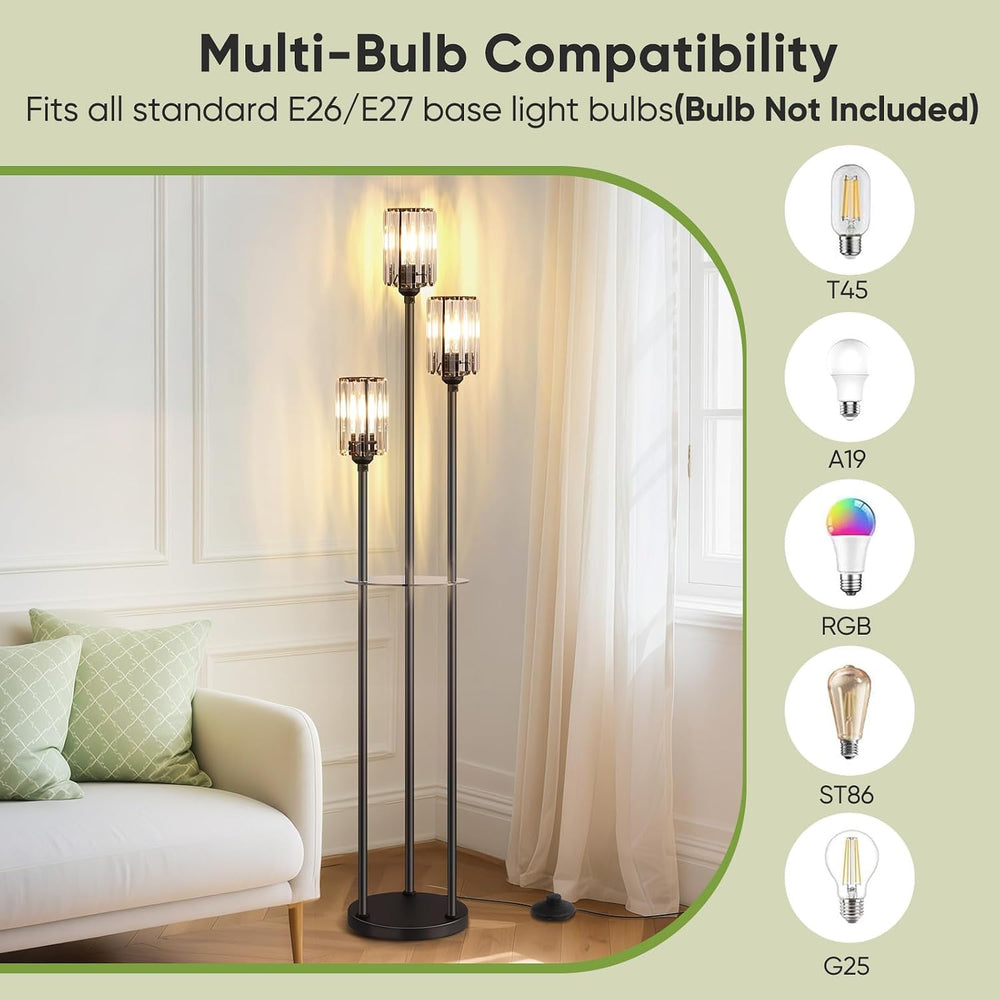 Crystal Standing Floor Lamp with Shelves for Living Room 67" Tall Black