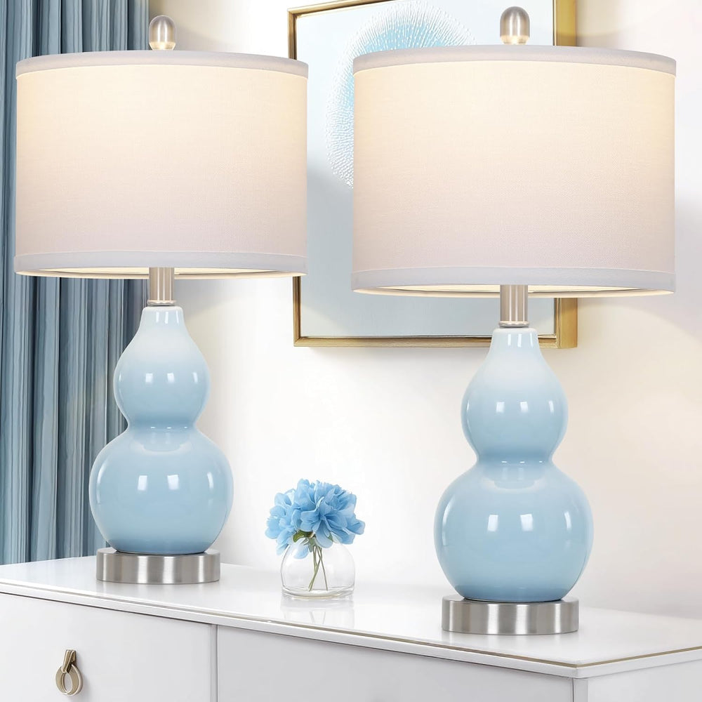 22" Double Gourd Ceramic Table Lamps Set of 2, Blue Modern Bedside Lamps...