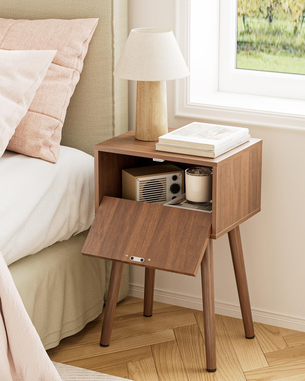 Night Stand Set 2, Modern Nightstand with Fluted Doors, Walnut