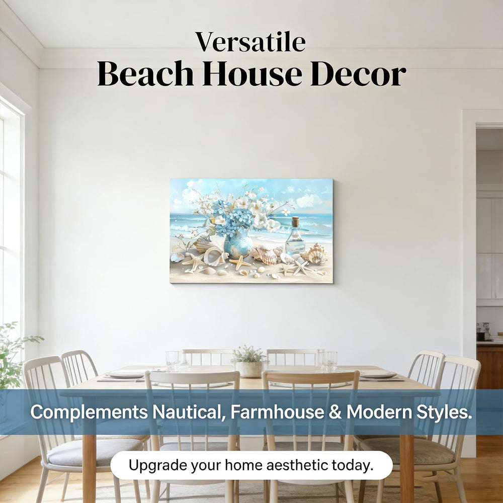Blue Ocean Beach Bathroom Canvas Wall Art Seaside Seashell Painting Picture W...