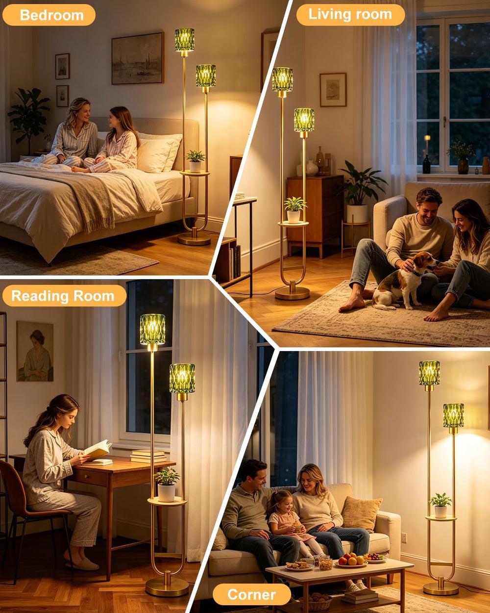 Green Glass Floor Lamp with Table Shelf, Modern Gold Standing Lamp