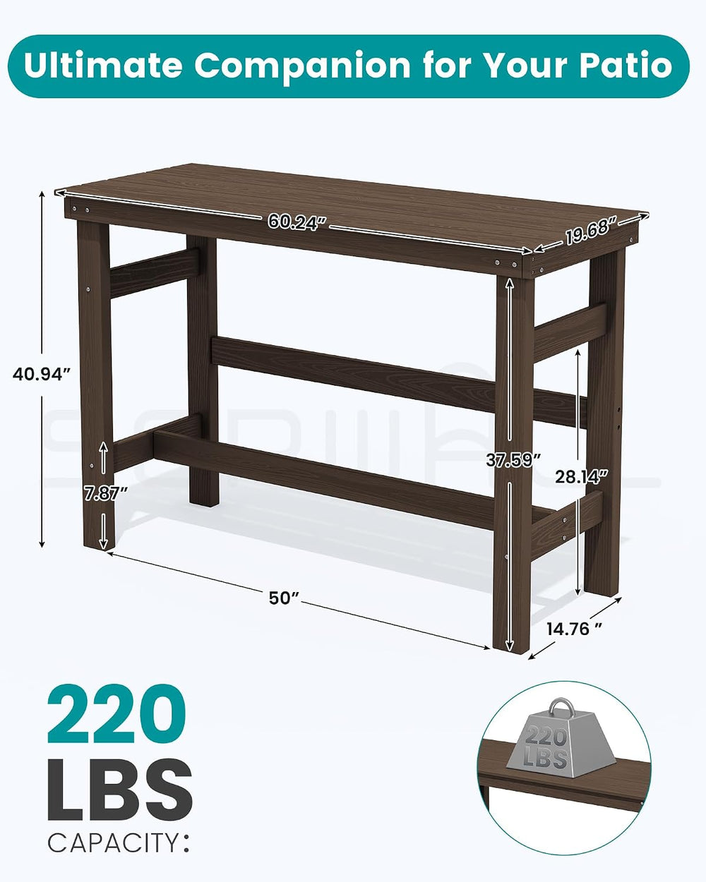 SERWALL 41" HDPE Outdoor Bar Table with 1.6" Umbrella Hole, Coffee
