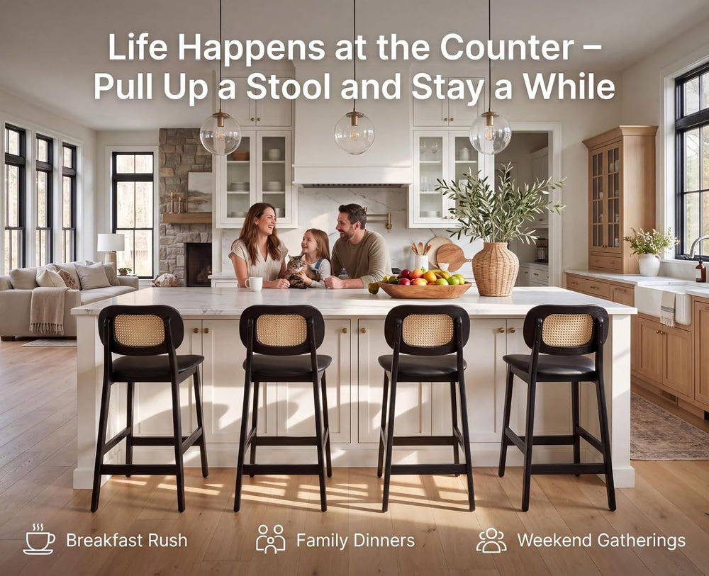 Shunzhi Rattan Counter Height Bar Stools Set of 4, Wood Farmhouse Barstools w...