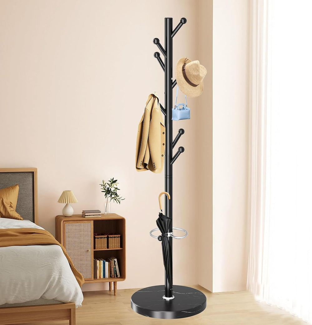 OIRUMIE Coat Rack,Coat Rack Stand with 8 Hooks Umbrella Hoolder Marble Base