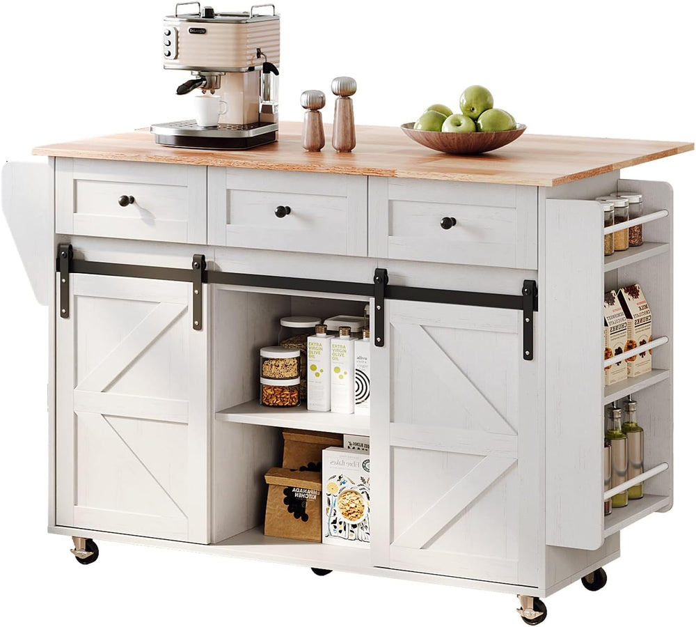 VINGLI 52" W Rolling Kitchen Island with Storage, Sliding Doors, White