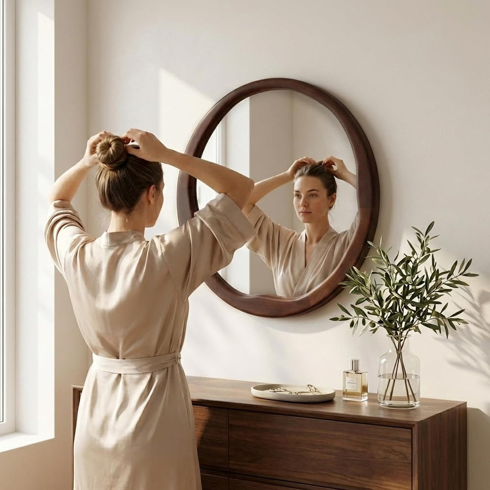 Dark Walnut 24 Inch Round Wood Wall Mirror, Asymmetrical Inner Edge