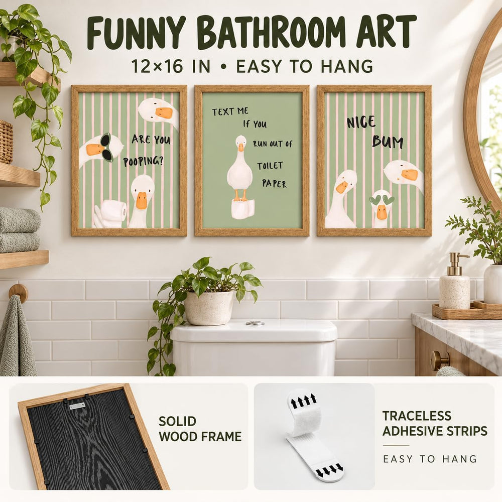3 Piece Funny Duck Bathroom Wall Art Set Framed Canvas Posters 12x16 Inch