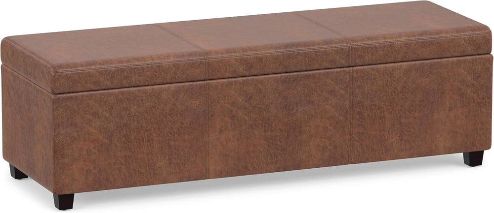 SIMPLIHOME Avalon 48" Wide Vegan Leather Storage Ottoman in Saddle Brown
