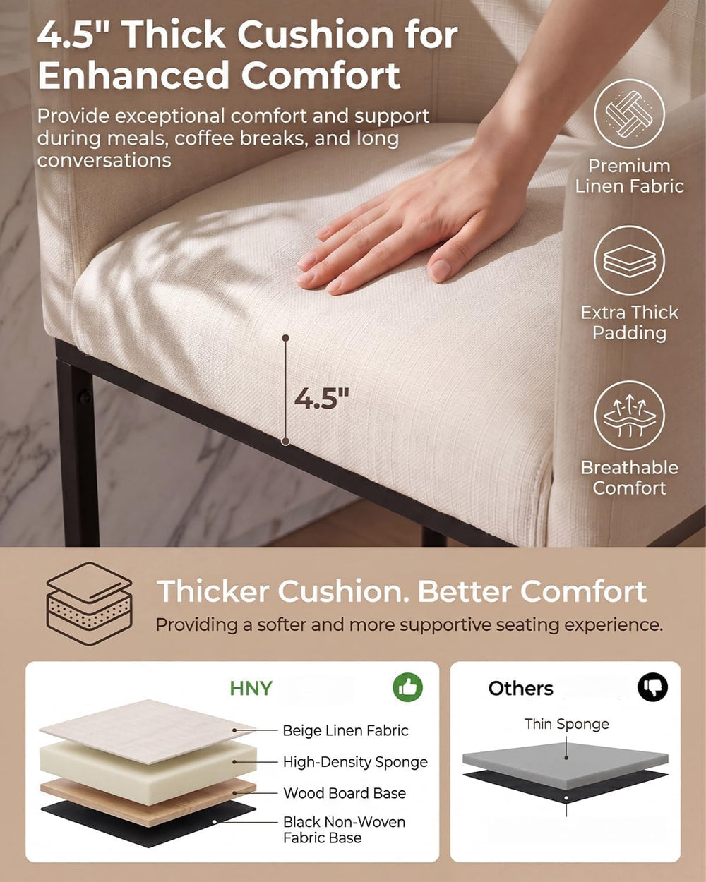 HNY Modern Counter Height Linen Fabric Cream Upholstered Counter Stools Set o...