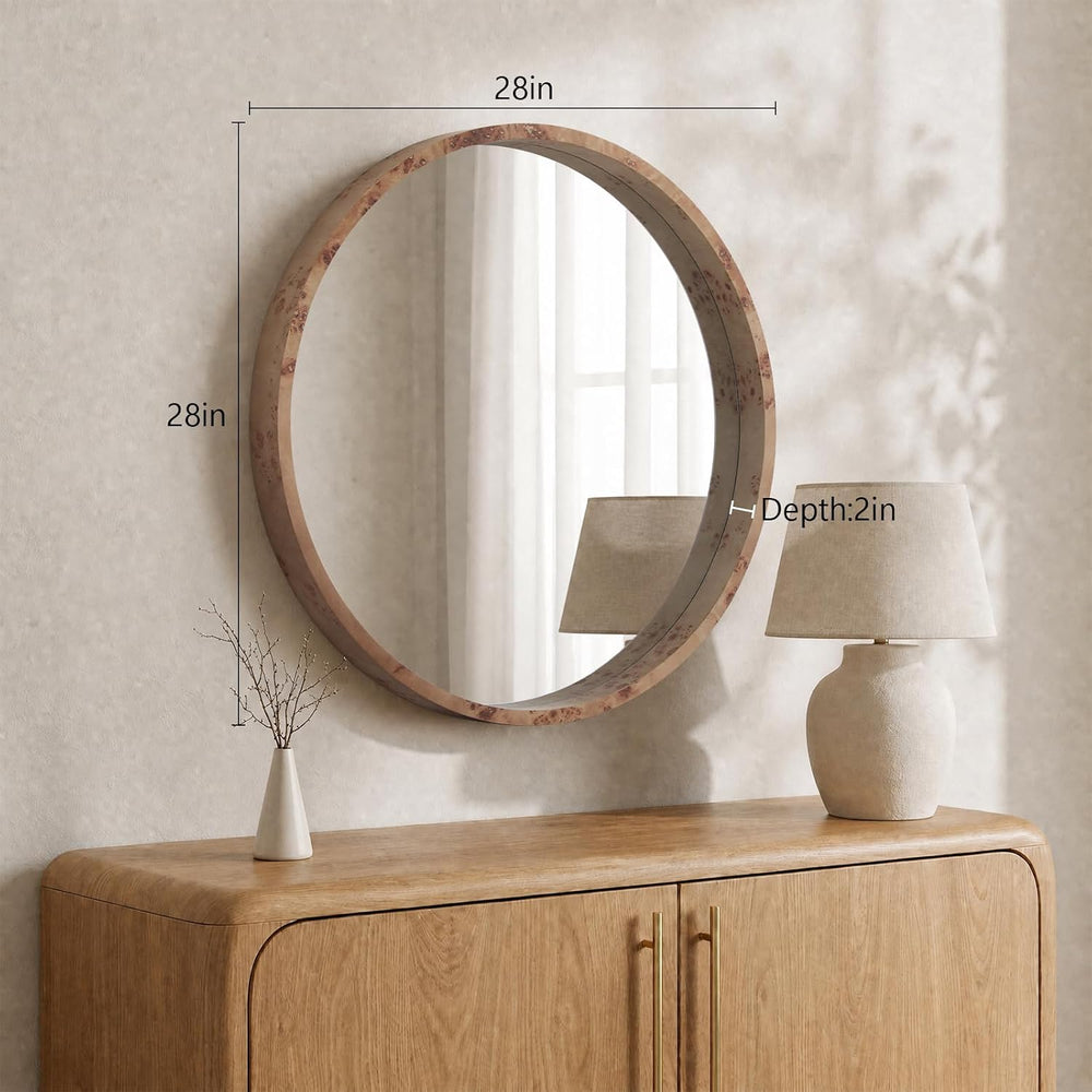 WallBeyond 28 Inch Round Wood Mirror, Burlwood Grain Wood Frame Circle Mirror...